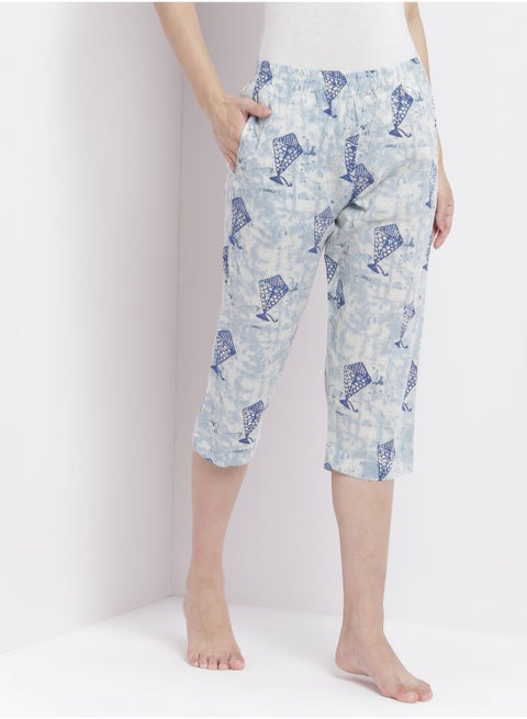 Casual Comfortable Relaxed Fit Three Quarter Pyjama Pants With Matching Scrunchie Multicolor