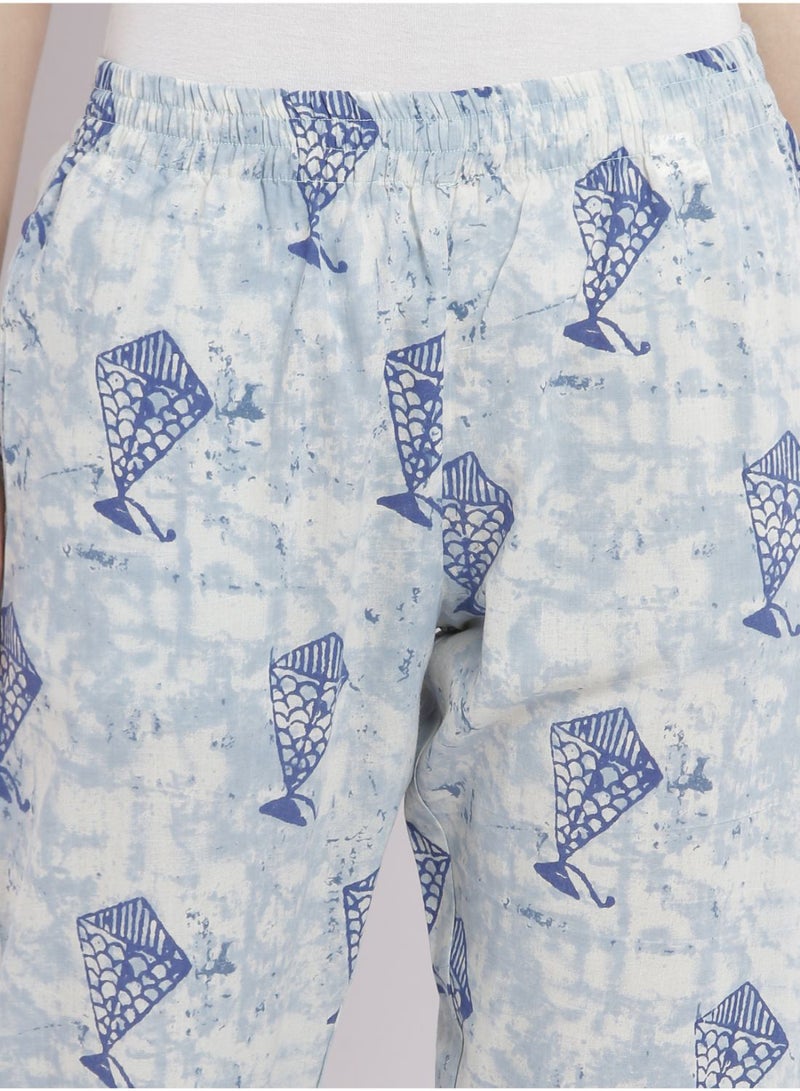 Casual Comfortable Relaxed Fit Three Quarter Pyjama Pants With Matching Scrunchie Multicolor