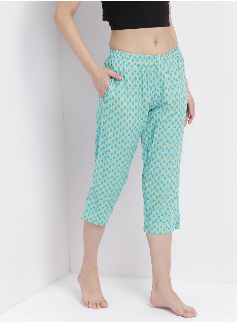 Aila Casual Comfortable Relaxed Fit Three Quarter Pyjama Pants With Matching Scrunchie Teal  - Image 1