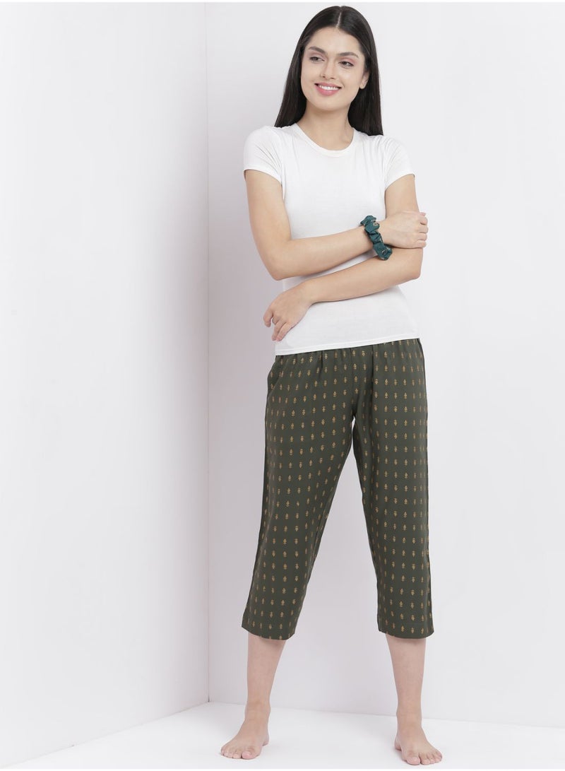 Aila Casual Comfortable Relaxed Fit Three Quarter Pyjama Pants With Matching Scrunchie Green  - Image 3