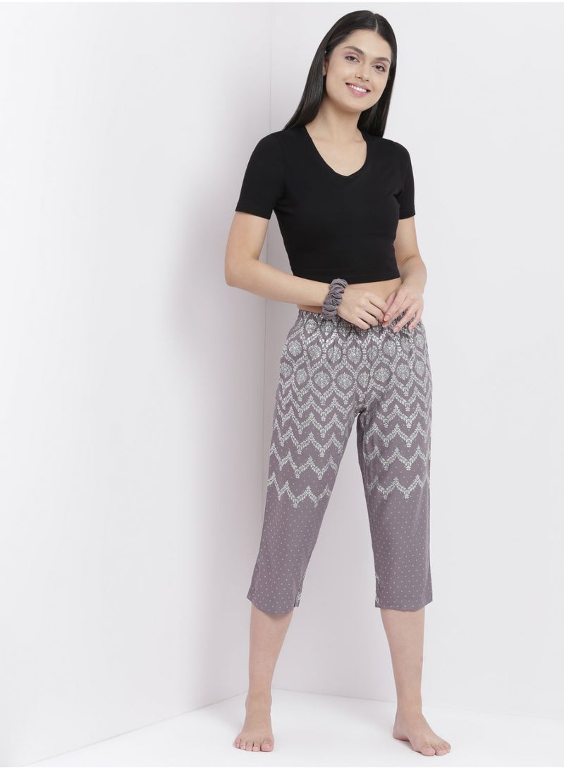 Aila Casual Comfortable Relaxed Fit Three Quarter Pyjama Pants With Matching Scrunchie Grey  - Image 3