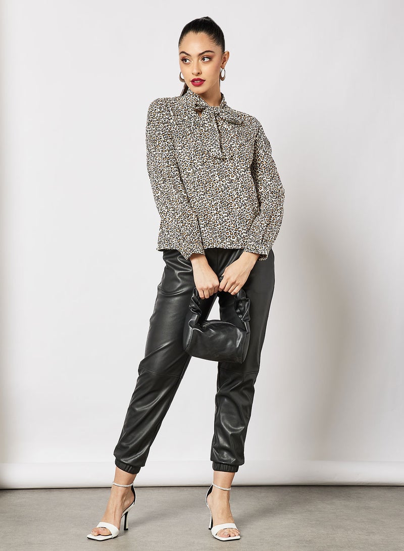 Aila Casual Stylish Front Tie Blouse Long Sleeves Leopard  - Image 4