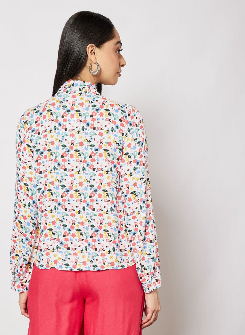 Aila - Casual Stylish Front Tie Blouse Long Sleeves White Multicolor - Image 1