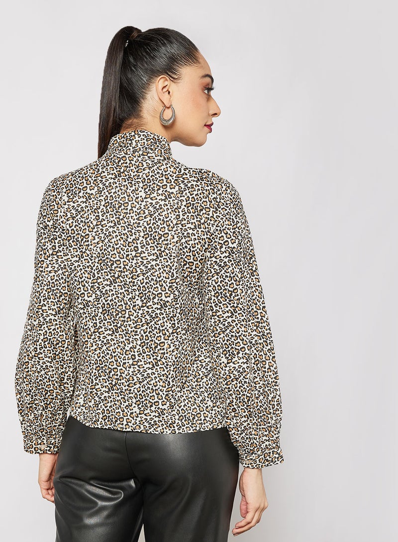 Aila Casual Stylish Front Tie Blouse Long Sleeves Leopard  - Image 2