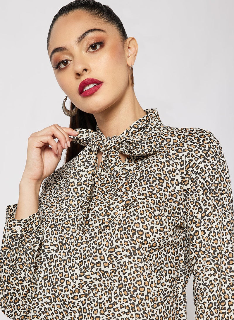 Aila Casual Stylish Front Tie Blouse Long Sleeves Leopard  - Image 3