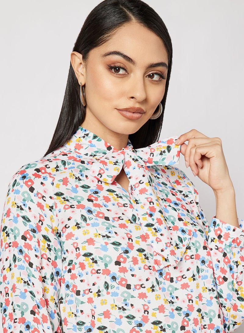 Aila - Casual Stylish Front Tie Blouse Long Sleeves White Multicolor - Image 1