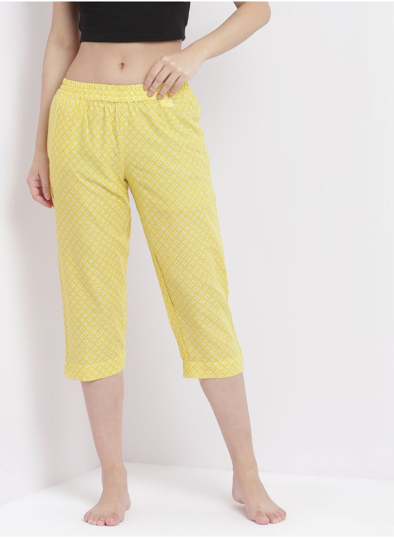 Aila - Casual Comfortable Relaxed Fit Three Quarter Pyjama Pants With Matching Scrunchie Yellow - Image 1