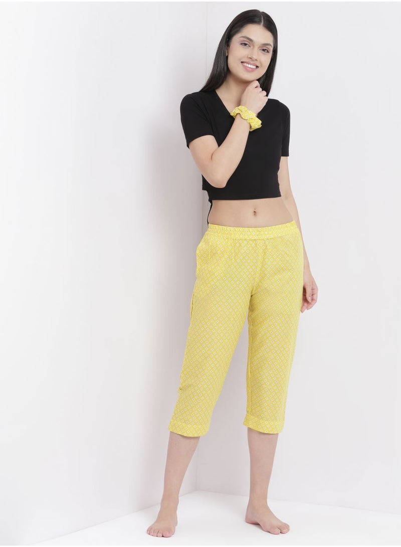 Aila - Casual Comfortable Relaxed Fit Three Quarter Pyjama Pants With Matching Scrunchie Yellow - Image 1