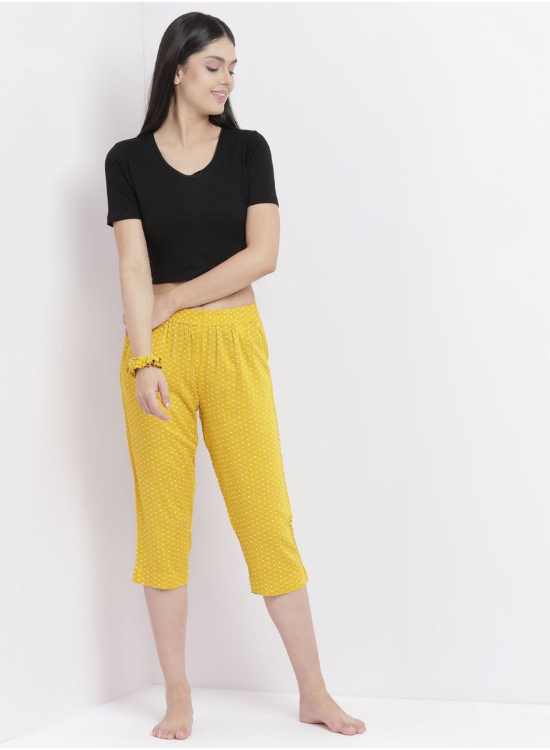 Aila Casual Comfortable Relaxed Fit Three Quarter Pyjama Pants With Matching Scrunchie Mustard  - Image 3