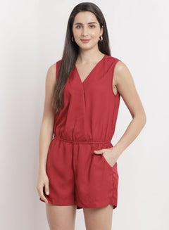 Casual Stylish Solid V-Neck Sleeveless Playsuit Red