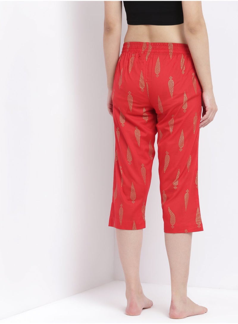 Aila - Casual Comfortable Relaxed Fit Three Quarter Pyjama Pants With Matching Scrunchie Red - Image 1