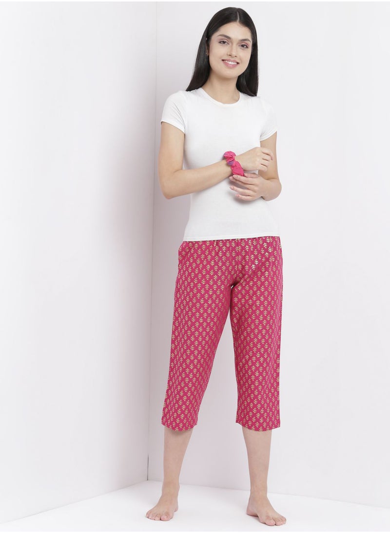 Aila Casual Comfortable Relaxed Fit Three Quarter Pyjama Pants With Matching Scrunchie Fuchsia  - Image 3