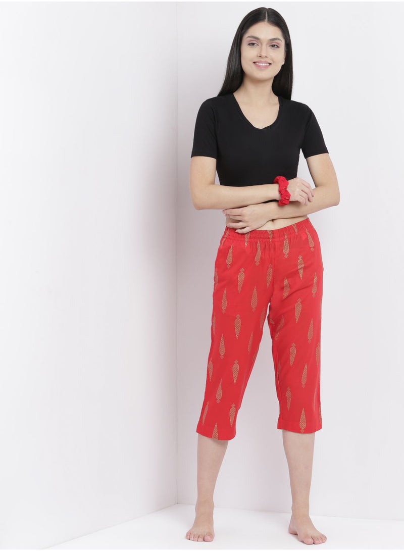 Aila - Casual Comfortable Relaxed Fit Three Quarter Pyjama Pants With Matching Scrunchie Red - Image 1