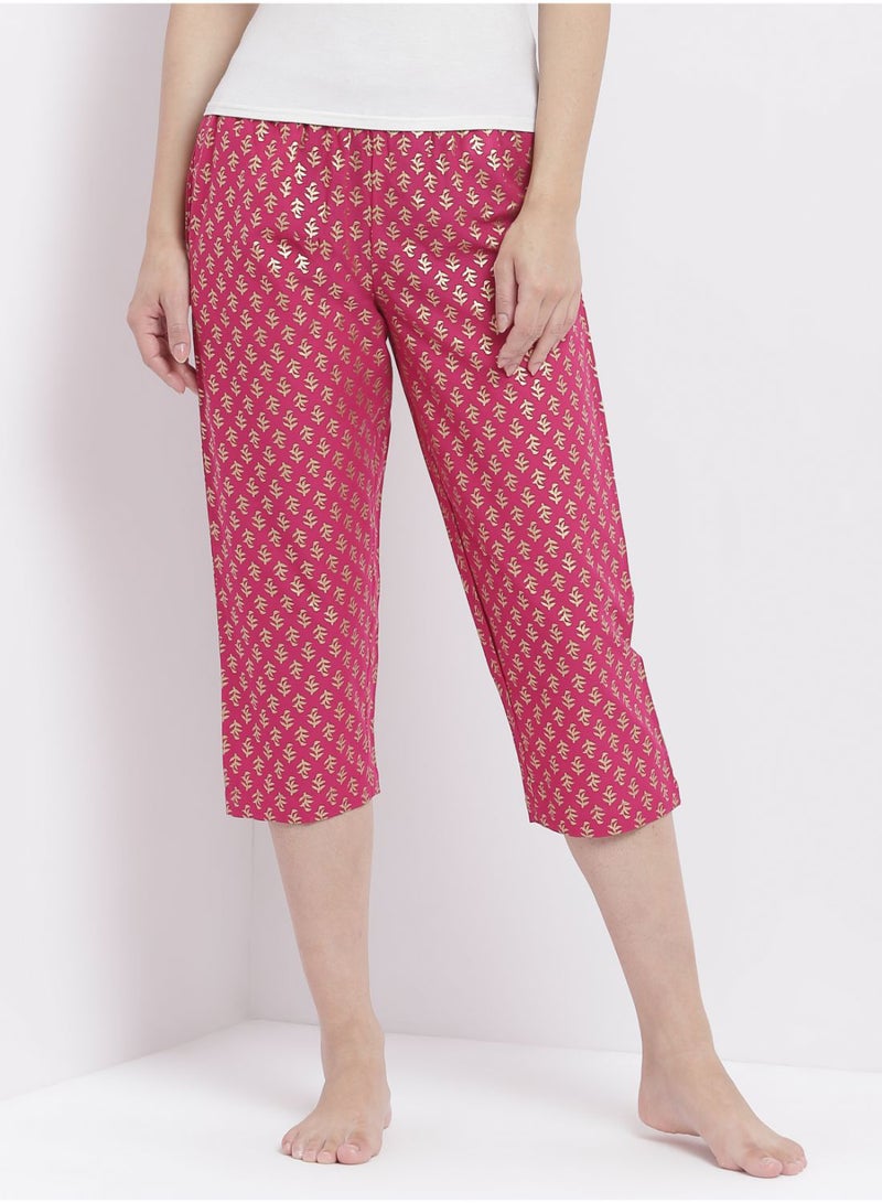 Aila Casual Comfortable Relaxed Fit Three Quarter Pyjama Pants With Matching Scrunchie Fuchsia  - Image 1
