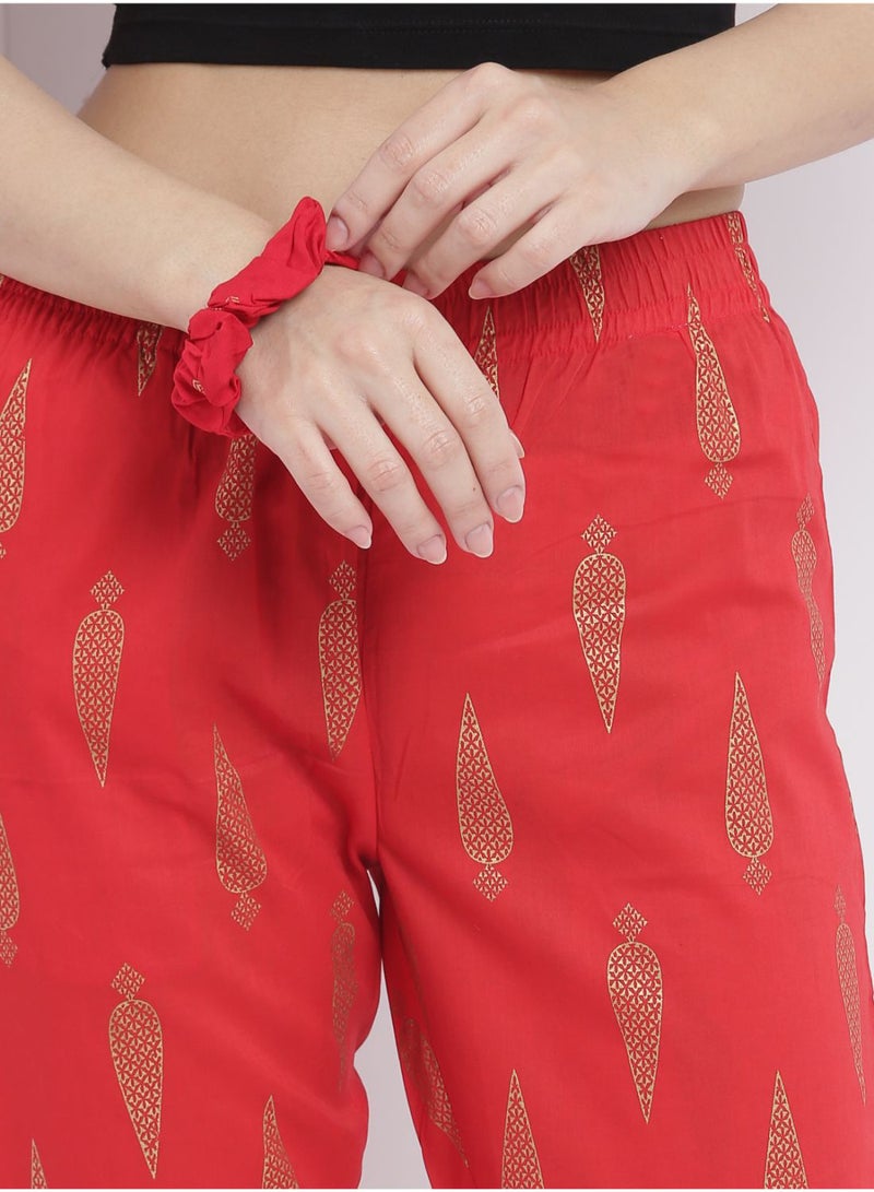Aila - Casual Comfortable Relaxed Fit Three Quarter Pyjama Pants With Matching Scrunchie Red - Image 1