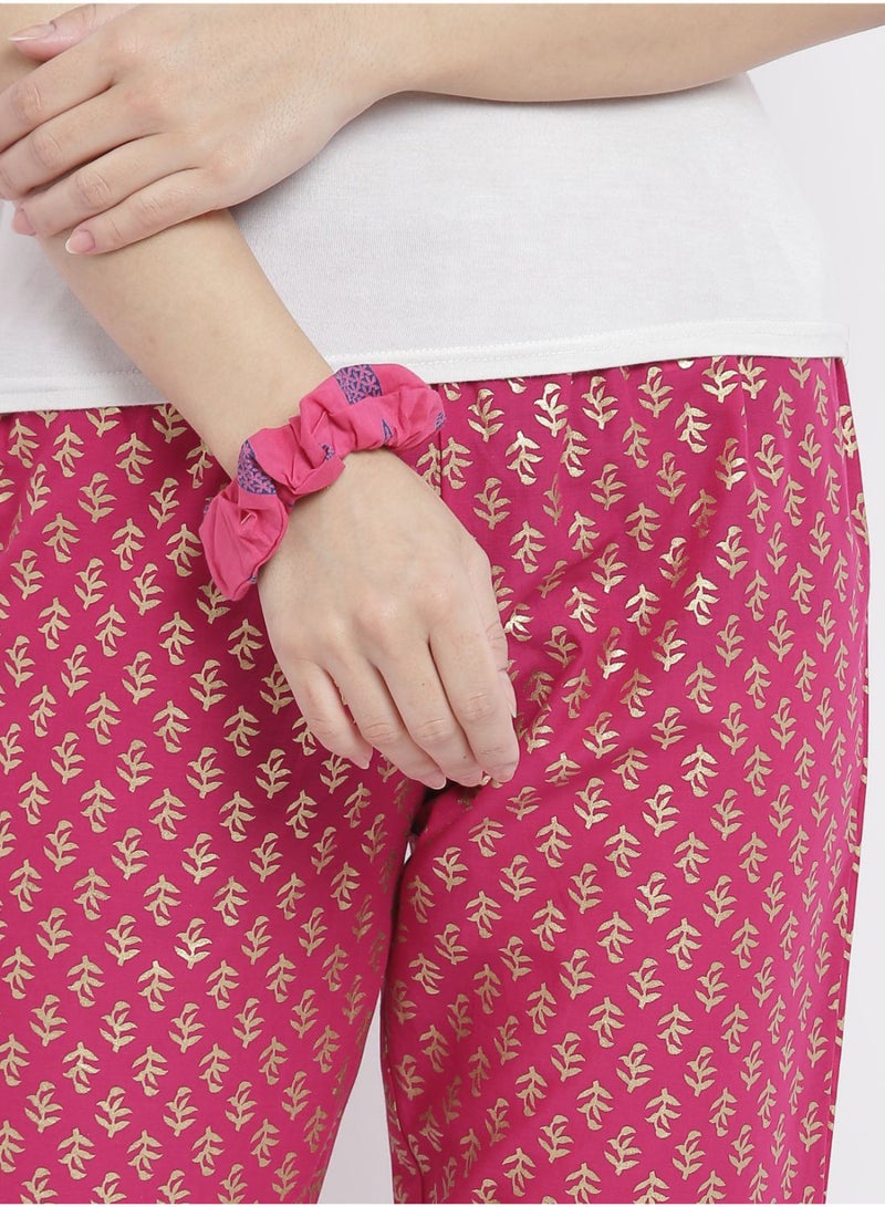 Aila Casual Comfortable Relaxed Fit Three Quarter Pyjama Pants With Matching Scrunchie Fuchsia  - Image 4