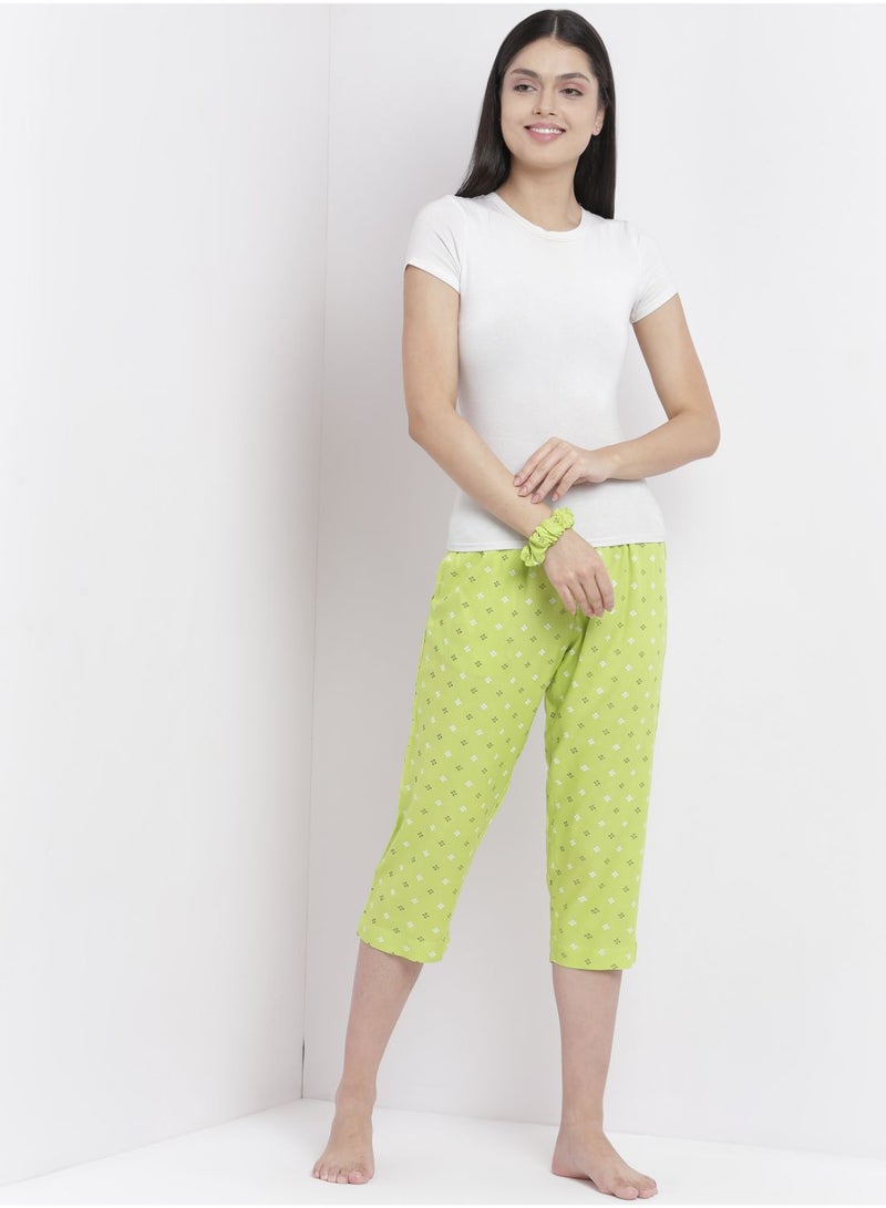 Aila - Casual Comfortable Relaxed Fit Three Quarter Pyjama Pants With Matching Scrunchie Lime - Image 1