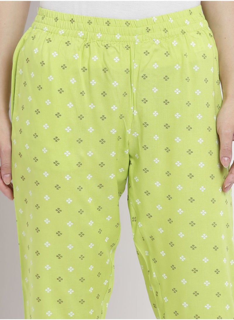 Aila - Casual Comfortable Relaxed Fit Three Quarter Pyjama Pants With Matching Scrunchie Lime - Image 1