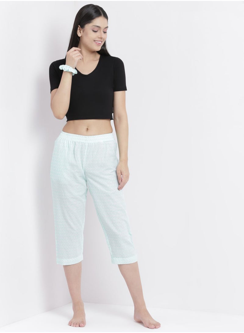 Aila Casual Comfortable Relaxed Fit Three Quarter Pyjama Pants With Matching Scrunchie Aqua  - Image 3