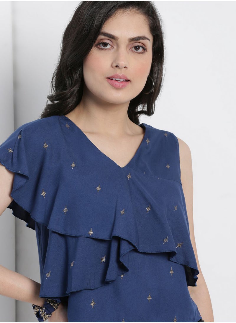 Aila - Casual Crop Top With Matching Srunchie Navy - Image 1