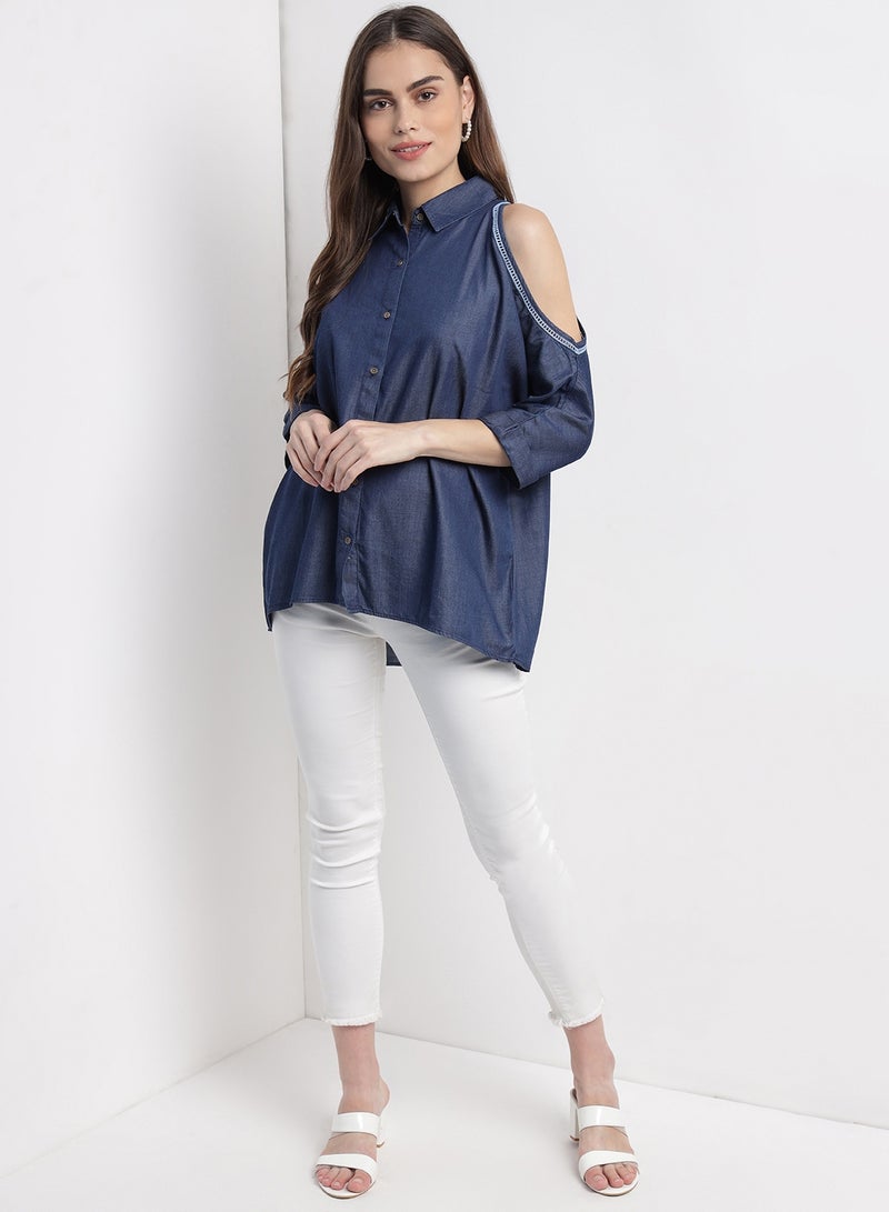 Aila Casual Stylish Cold Shoulder Half Sleeves Top Blue  - Image 4