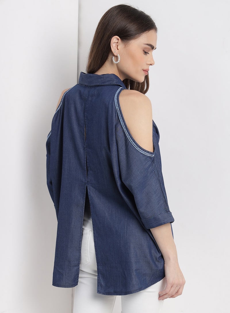 Aila Casual Stylish Cold Shoulder Half Sleeves Top Blue  - Image 3