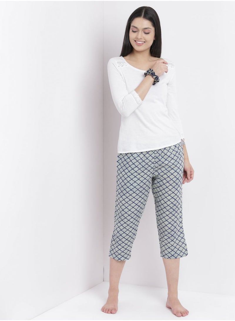 Aila - Casual Comfortable Relaxed Fit Three Quarter Pyjama Pants With Matching Scrunchie Blue - Image 1