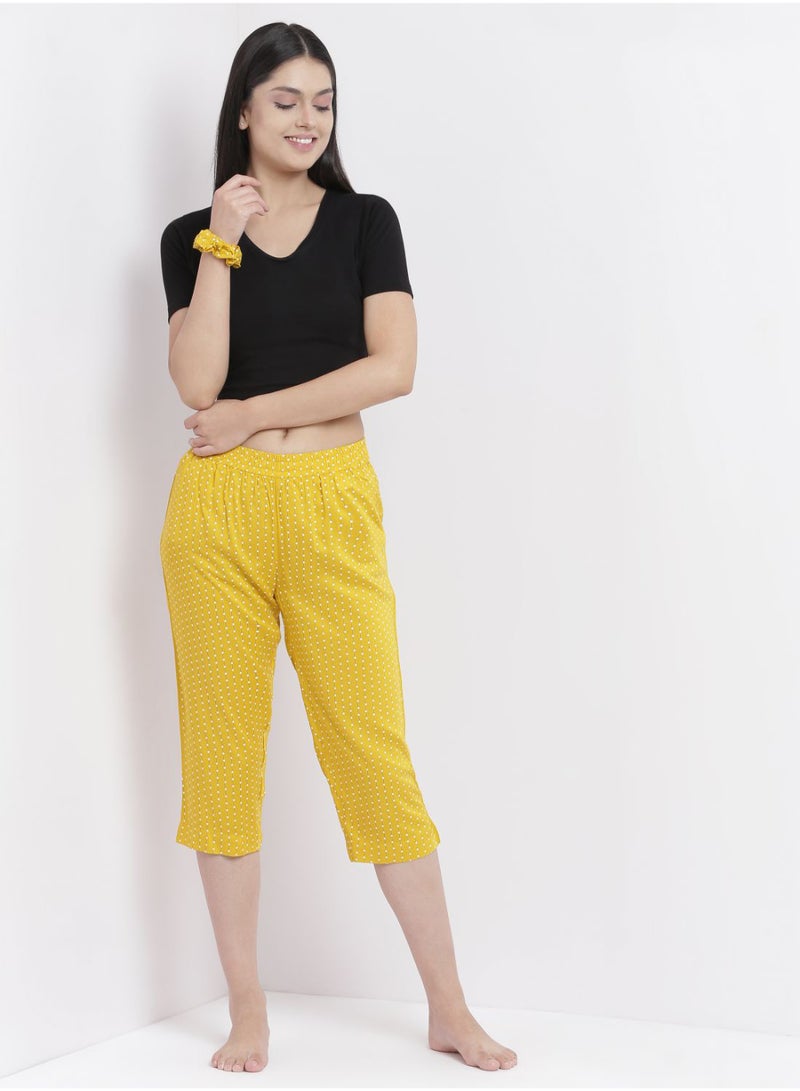 Aila Casual Comfortable Relaxed Fit Three Quarter Pyjama Pants With Matching Scrunchie Mustard  - Image 3