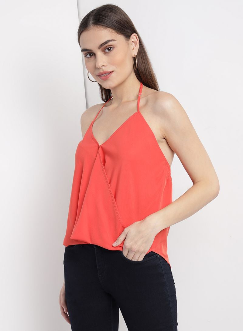 Aila Casual Stylish Strap Plain V-Neck Top Coral  - Image 1
