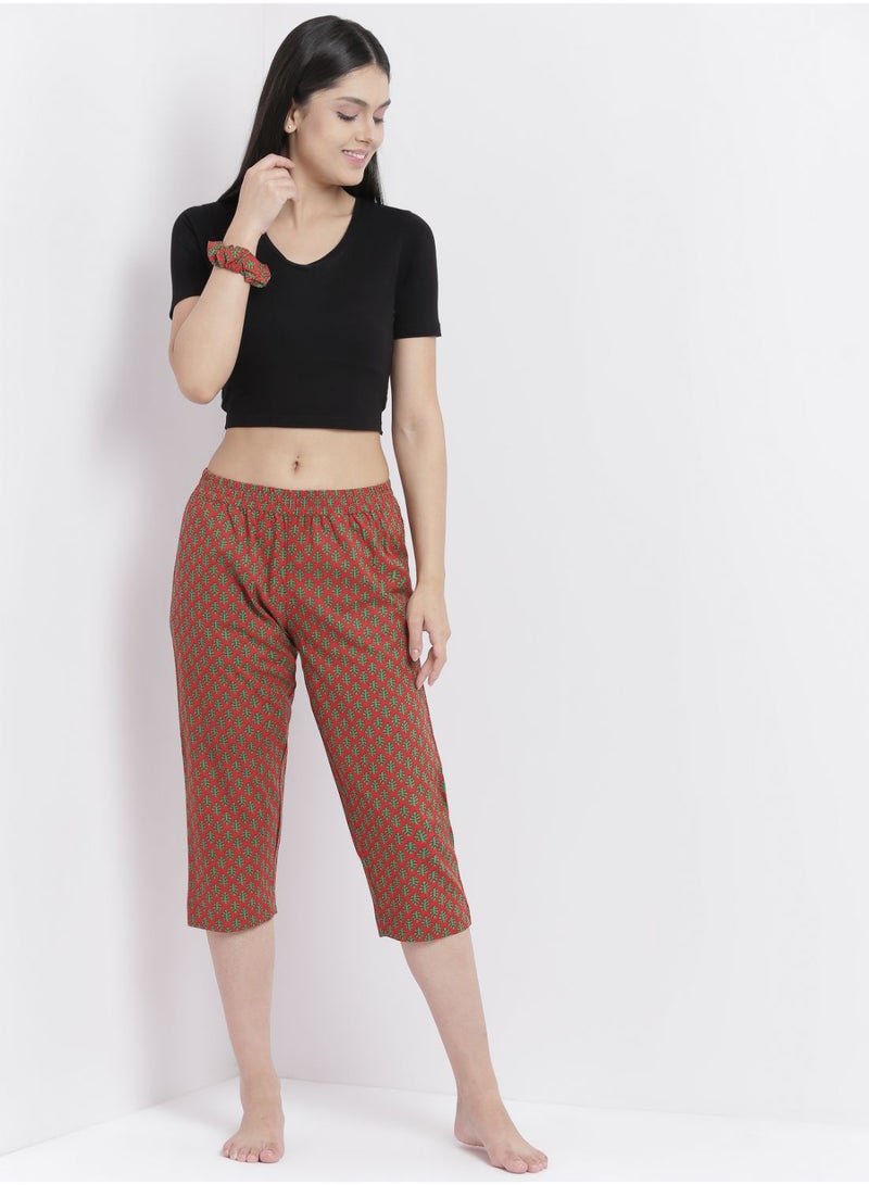 Aila - Casual Comfortable Relaxed Fit Three Quarter Pyjama Pants With Matching Scrunchie Red - Image 1