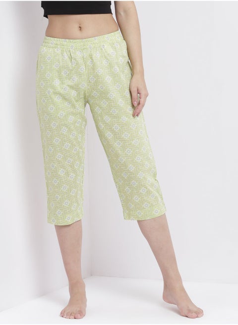 Casual Comfortable Relaxed Fit Three Quarter Pyjama Pants With Matching Scrunchie Lime