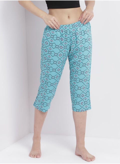 Casual Comfortable Relaxed Fit Three Quarter Pyjama Pants With Matching Scrunchie Turquoise