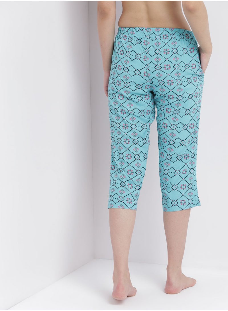 Aila - Casual Comfortable Relaxed Fit Three Quarter Pyjama Pants With Matching Scrunchie Turquoise - Image 1