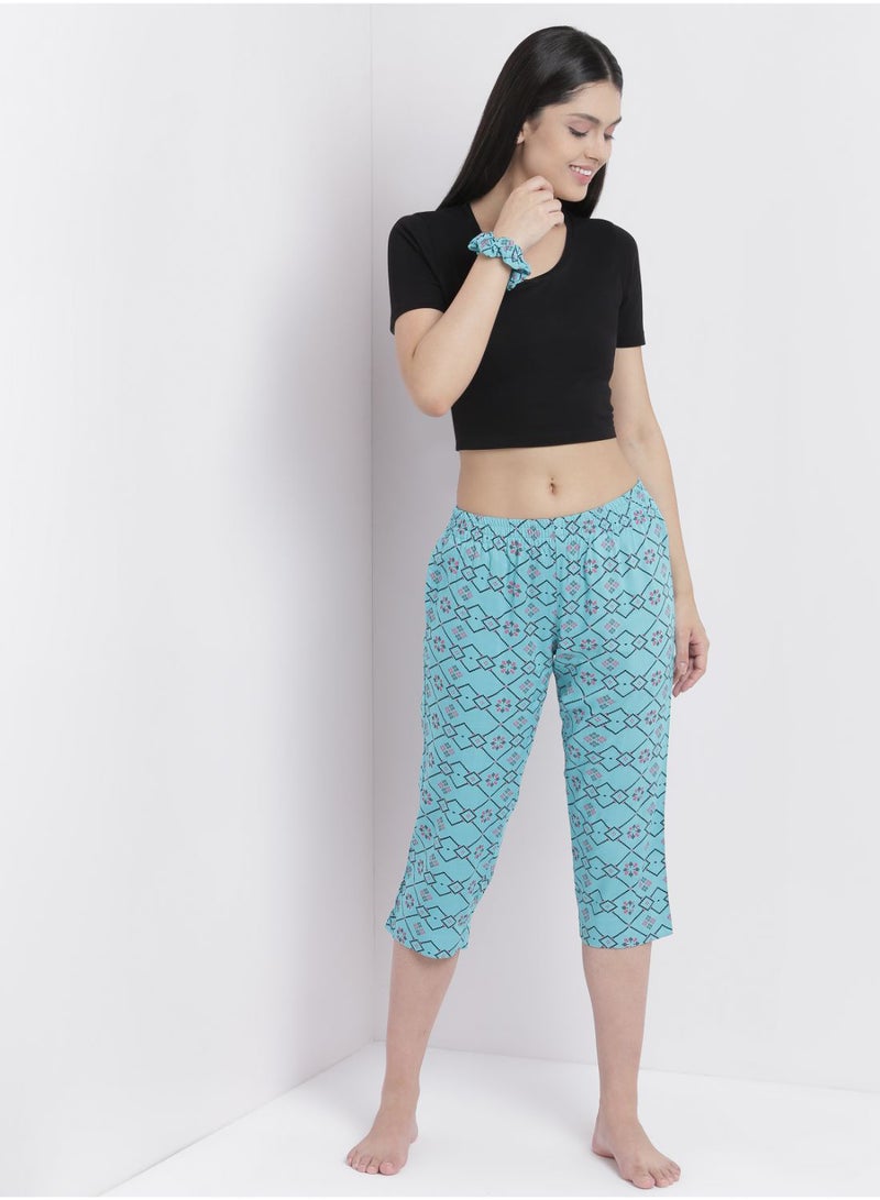 Aila - Casual Comfortable Relaxed Fit Three Quarter Pyjama Pants With Matching Scrunchie Turquoise - Image 1