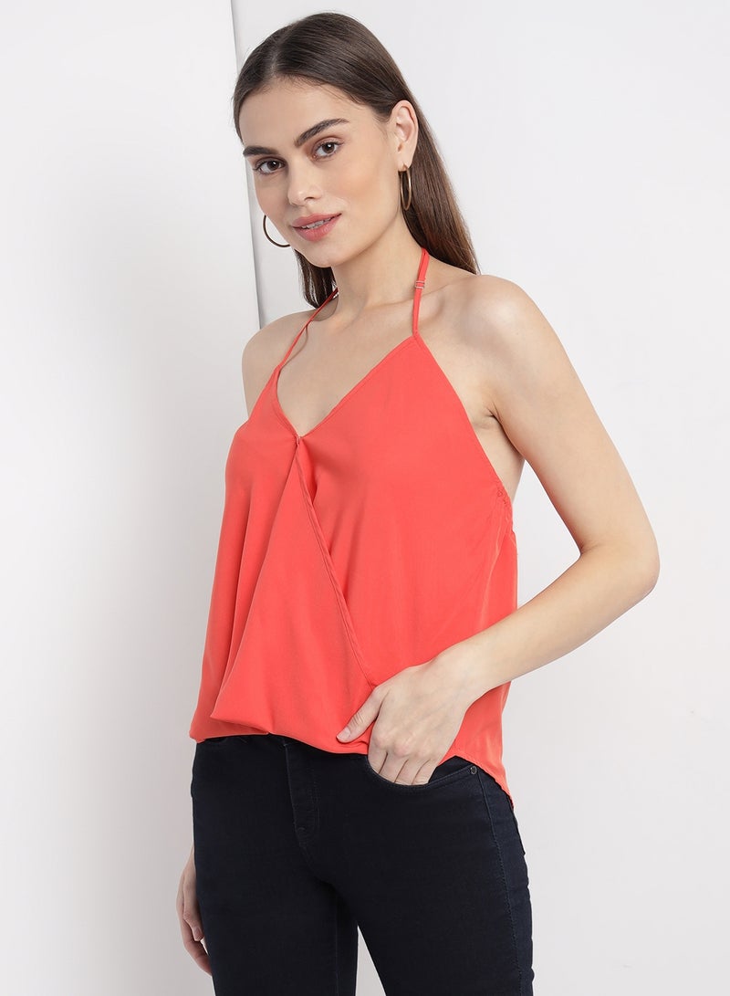 Aila Casual Stylish Strap Plain V-Neck Top Coral  - Image 2