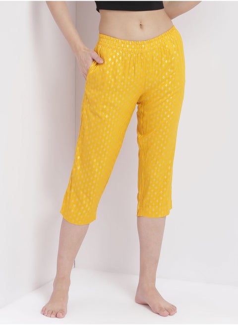 Casual Comfortable Relaxed Fit Three Quarter Pyjama Pants With Matching Scrunchie Mustard