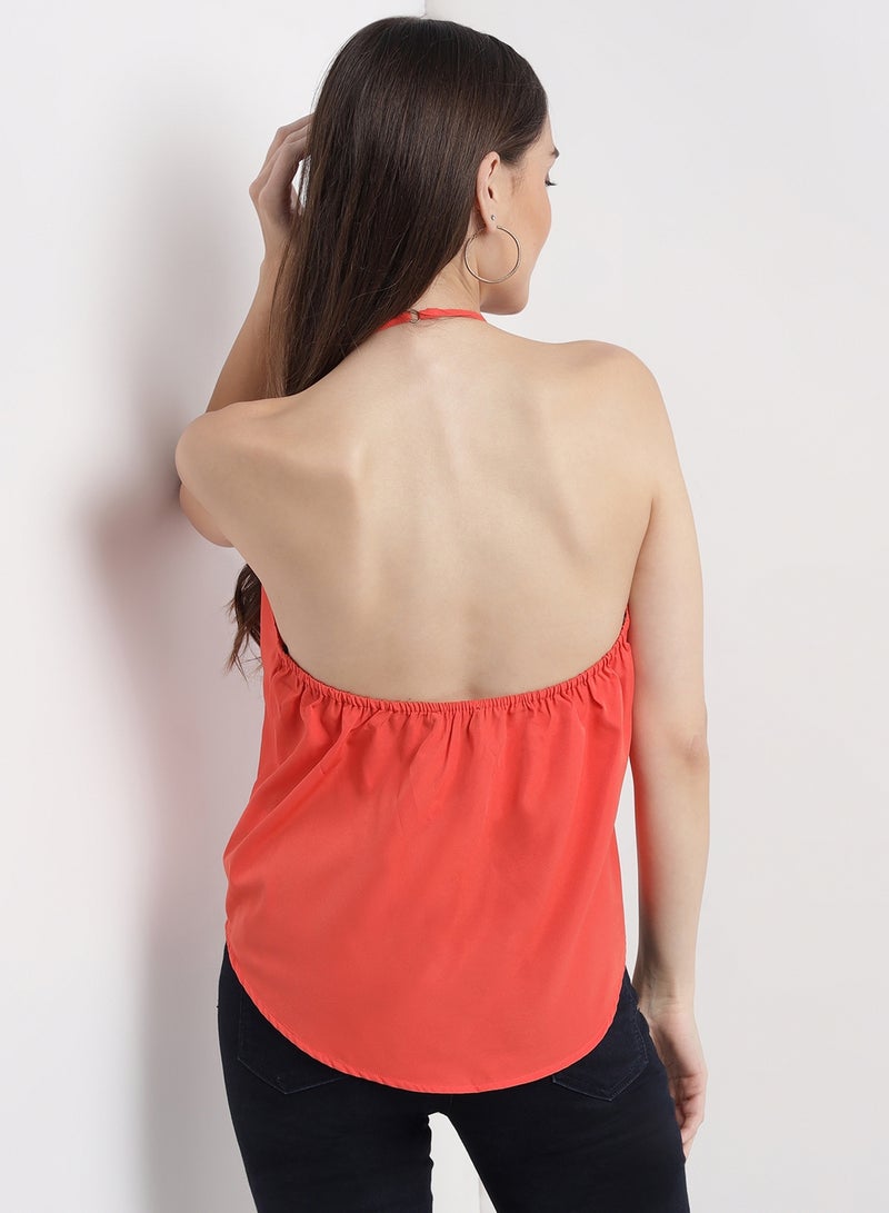 Aila Casual Stylish Strap Plain V-Neck Top Coral  - Image 3