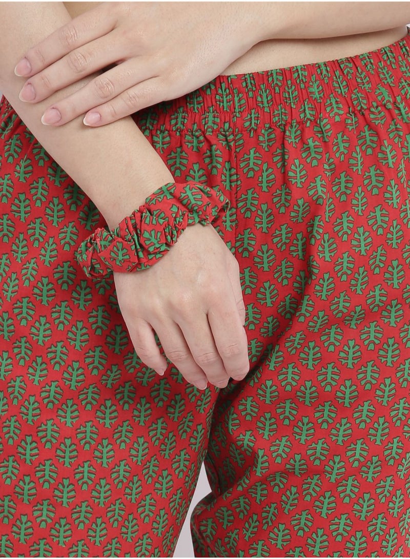 Aila - Casual Comfortable Relaxed Fit Three Quarter Pyjama Pants With Matching Scrunchie Red - Image 1