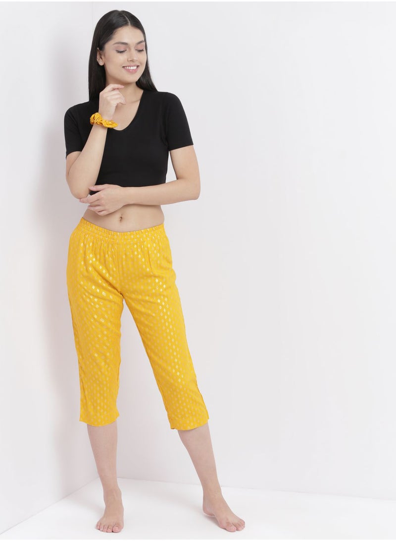 Casual Comfortable Relaxed Fit Three Quarter Pyjama Pants With Matching Scrunchie Mustard - v1649661417/N50219469V_3