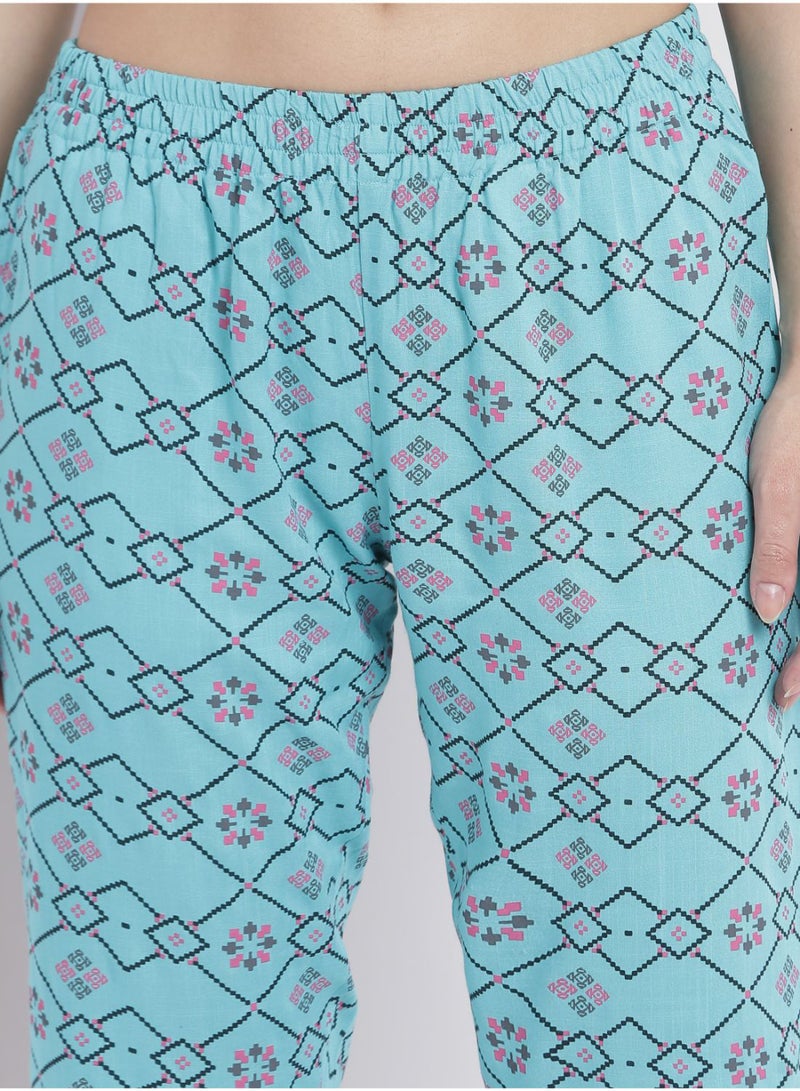 Aila - Casual Comfortable Relaxed Fit Three Quarter Pyjama Pants With Matching Scrunchie Turquoise - Image 1