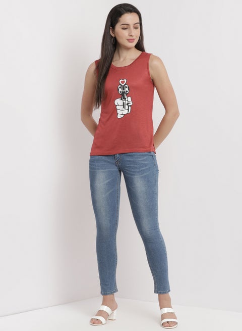 Casual Stylish Chest Print Sleeveless Top Red