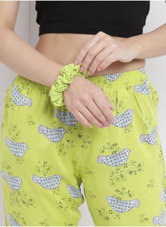 Aila Casual Comfortable Relaxed Fit Three Quarter Pyjama Pants With Matching Scrunchie Lime  - Image 4
