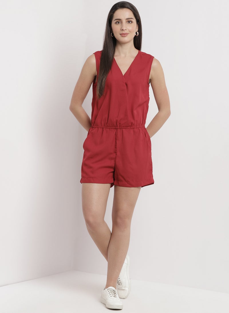 Aila - Casual Stylish Solid V-Neck Sleeveless Playsuit Red - Image 1
