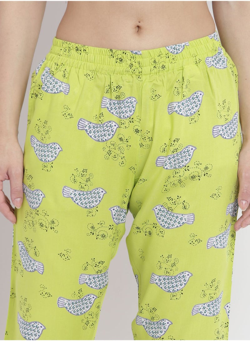 Casual Comfortable Relaxed Fit Three Quarter Pyjama Pants With Matching Scrunchie Lime
