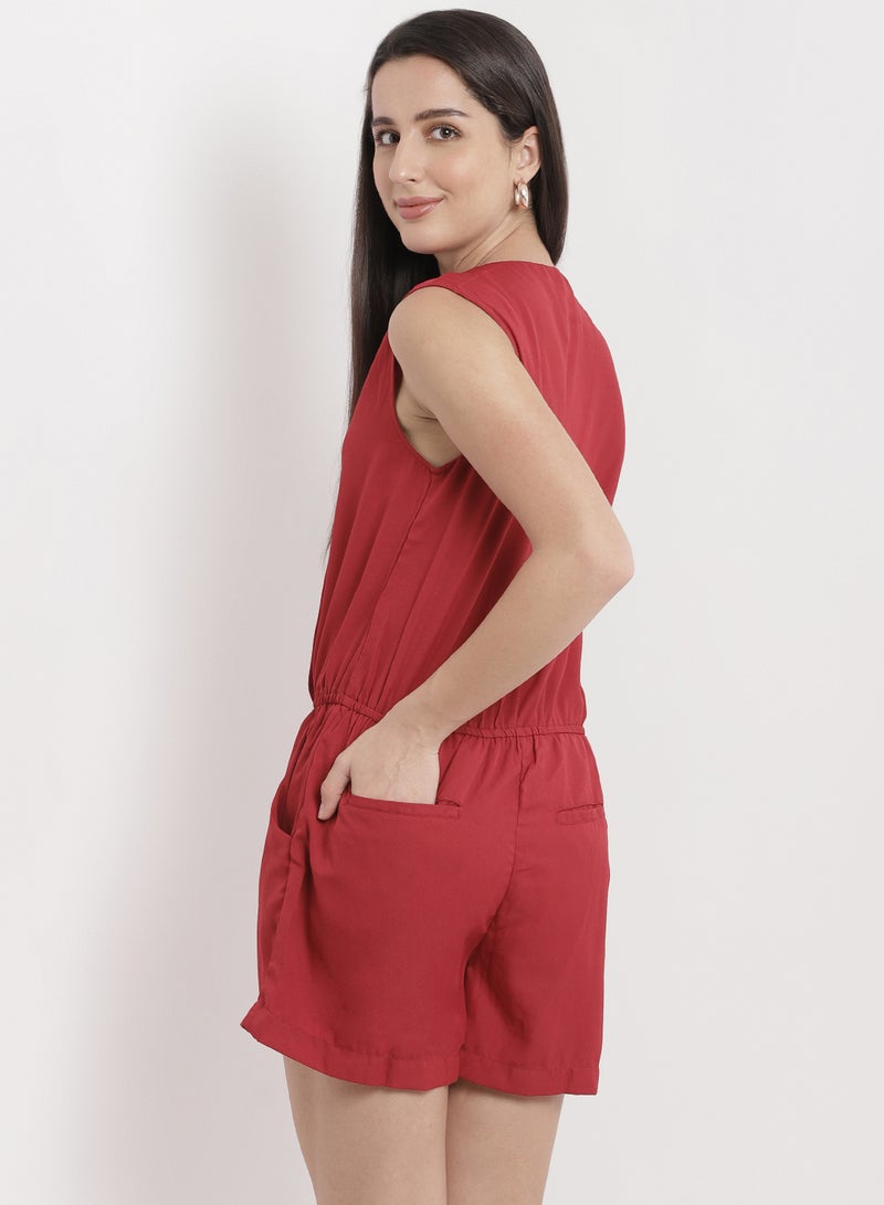 Aila - Casual Stylish Solid V-Neck Sleeveless Playsuit Red - Image 1