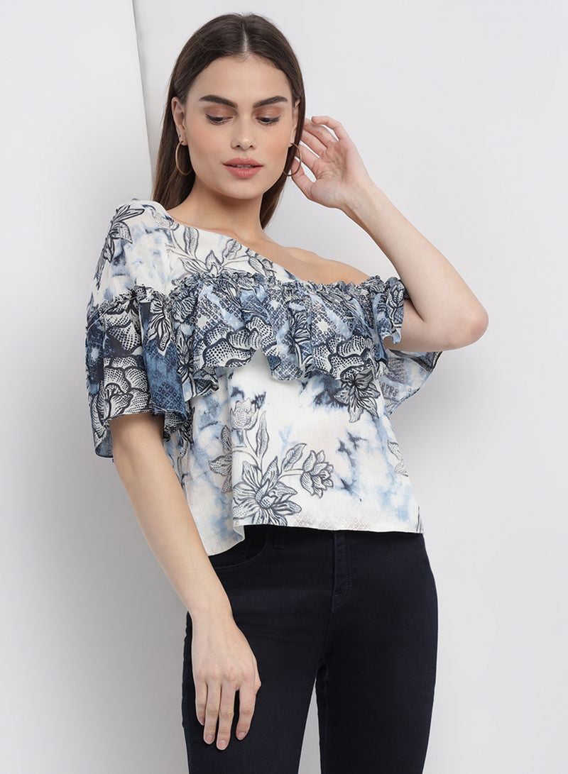 Aila Casual Stylish Off Shoulder Printed Blouse white multicolor - Image 1