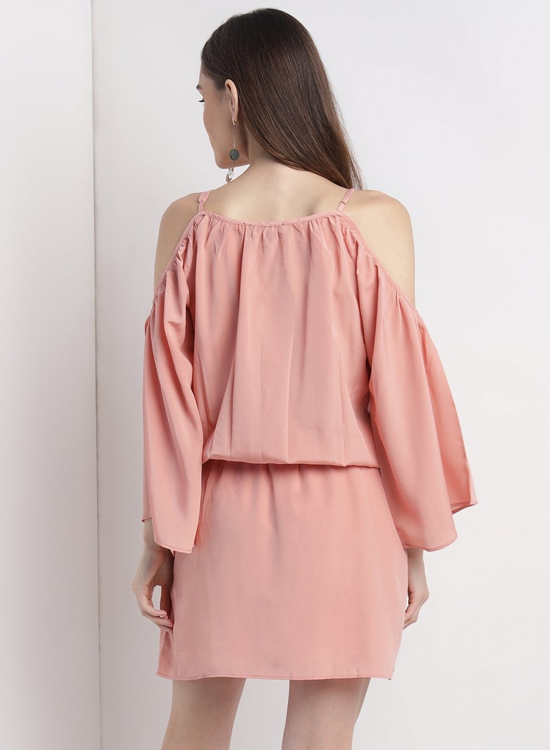 Aila - Casual Stylish Soild Mini Dress With Cold Shoulders And Elasticated Waist Pink - Image 1