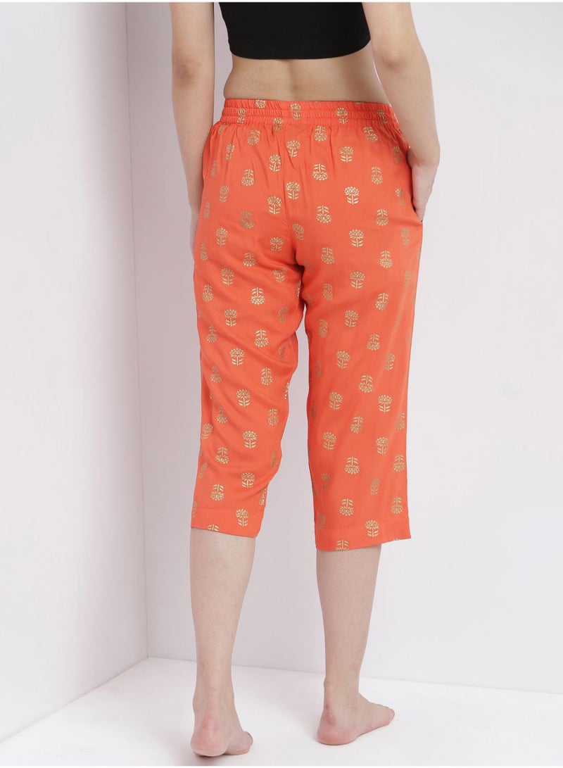 Casual Comfortable Relaxed Fit Three Quarter Pyjama Pants With Matching Scrunchie Orange