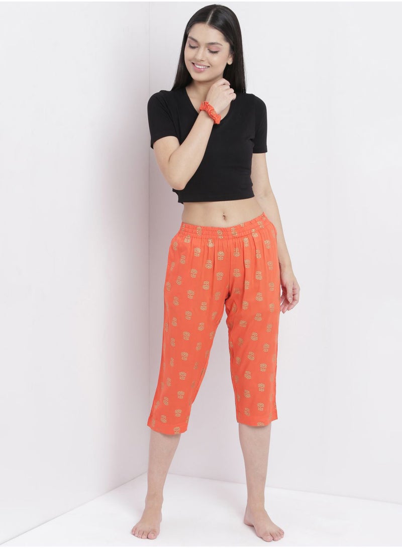 Casual Comfortable Relaxed Fit Three Quarter Pyjama Pants With Matching Scrunchie Orange