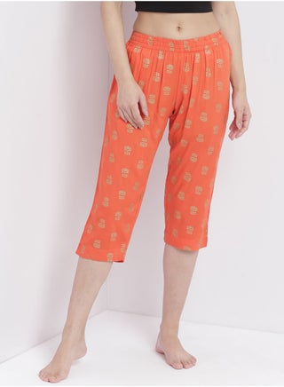 Casual Comfortable Relaxed Fit Three Quarter Pyjama Pants With Matching Scrunchie Orange - v1649661426/N50219519V_1